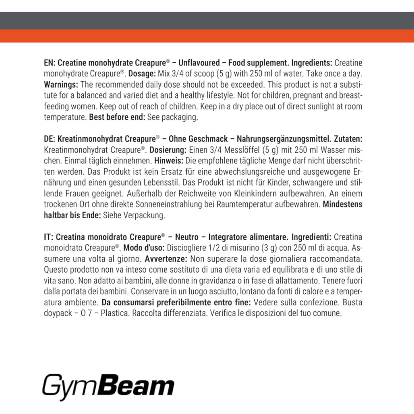 Label of GymBeam Kreatin-Monohydrate, detailing ingredients and usage instructions for this high-purity supplement.