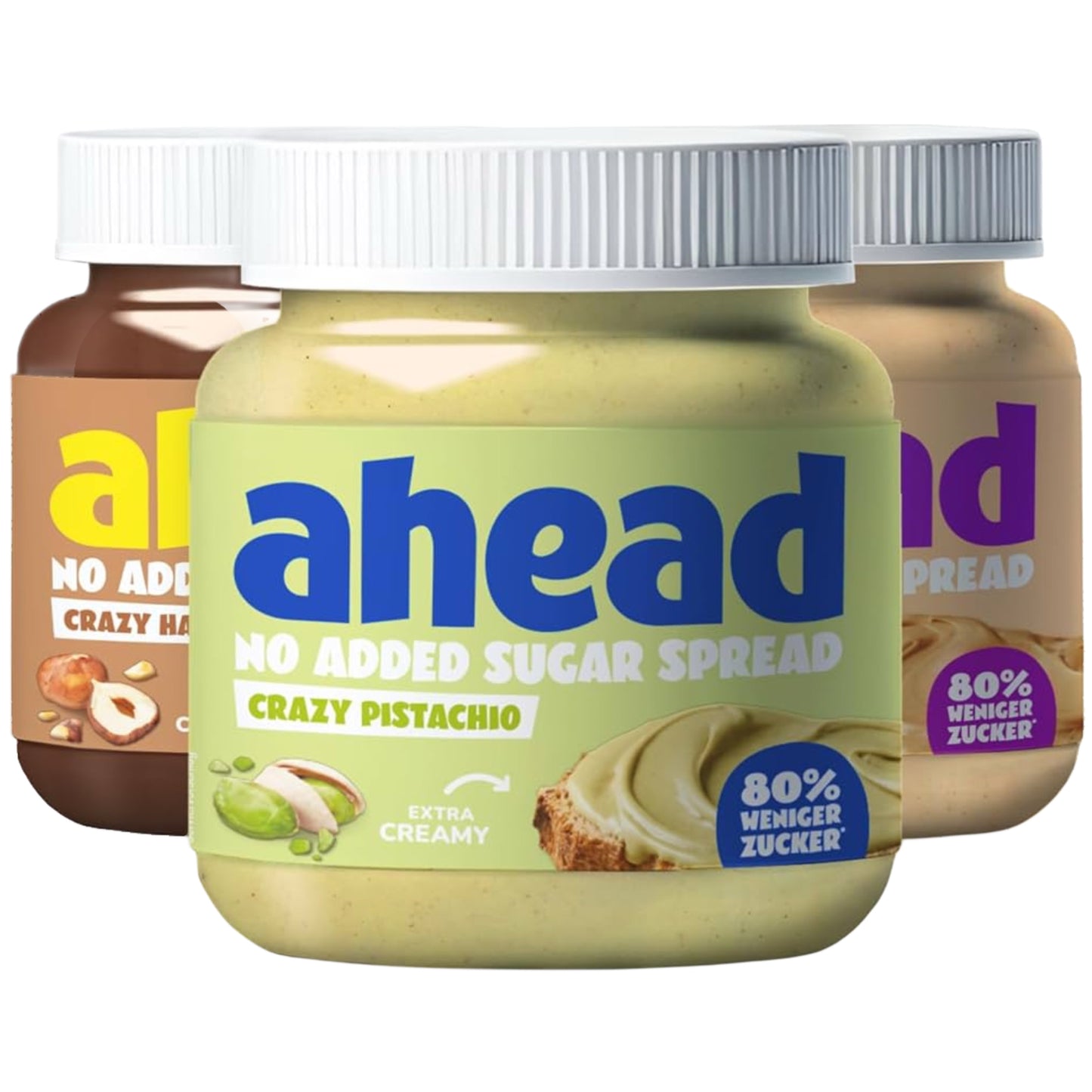 Ahead Crazy Creme Mix featuring gluten-free, sugar-free, and extra creamy pistachio spread in stylish jars.
