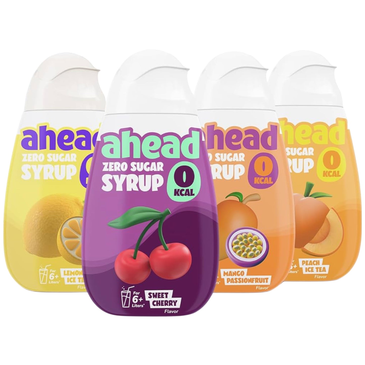 ahead Zero Sugar Syrup bottles in lemon, cherry, mango passionfruit, and peach flavors, perfect for low-calorie drinks.