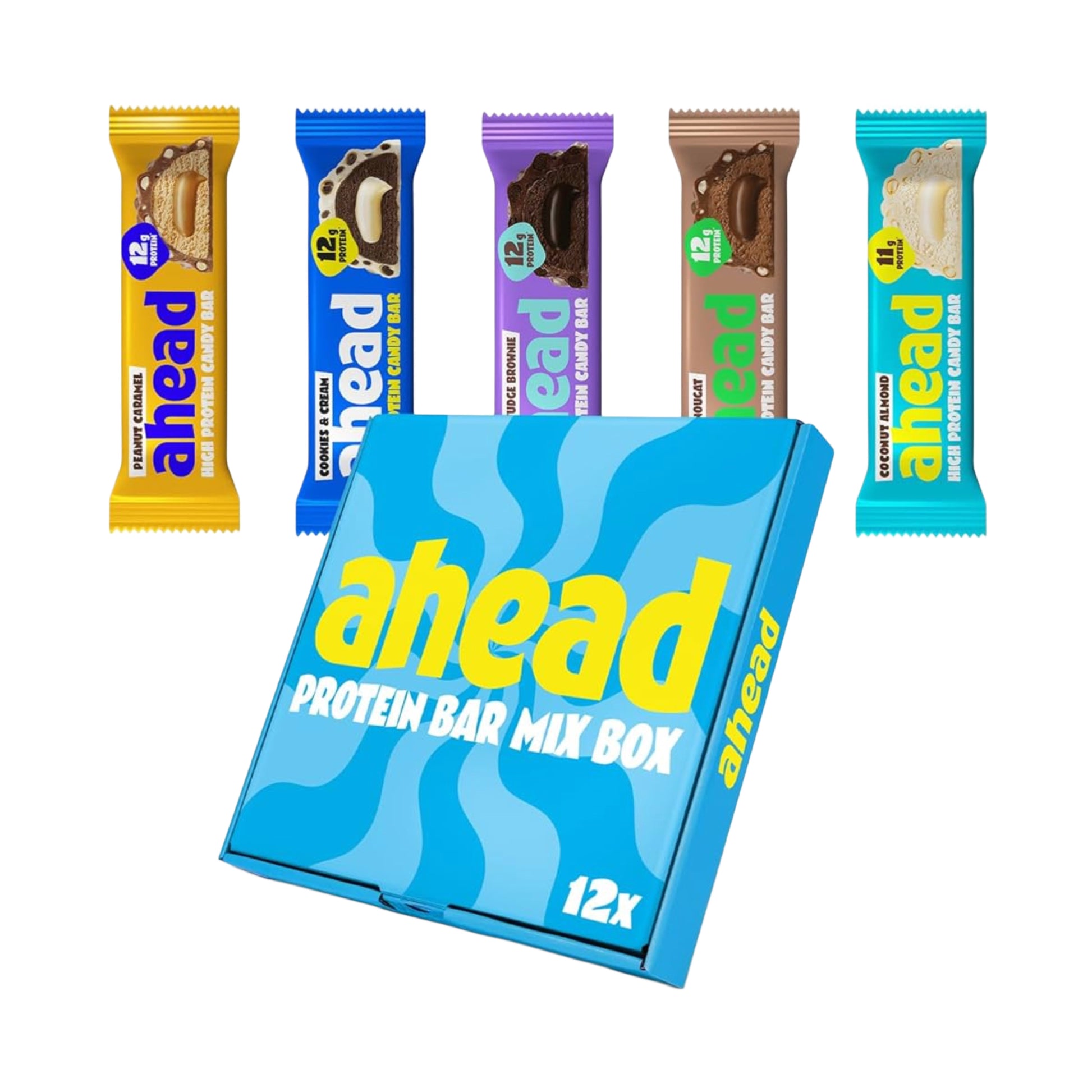 ahead Protein Riegel Mix Box featuring 12 gluten-free wafer bars in 3 tasty flavors: Crazy Hazel, White Crazy Hazel, Crazy Pistachio.