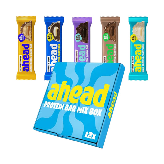 ahead Protein Riegel Mix Box featuring 12 gluten-free wafer bars in 3 tasty flavors: Crazy Hazel, White Crazy Hazel, Crazy Pistachio.