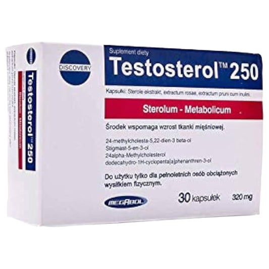 Packung von Testosterol 250 von Megabol, Nahrungsergänzungsmittel zur Förderung von Muskelwachstum und Fitness.