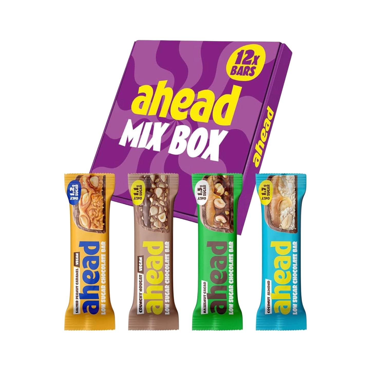 ahead Protein Riegel Mix Box with 12 snack bars in 3 flavors: Crazy Hazel, White Crazy Hazel, and Crazy Pistachio.