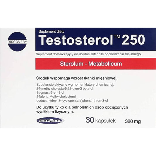 IGN Testosterol 250 supplement packaging featuring 30 capsules for muscle growth support by Megabol.