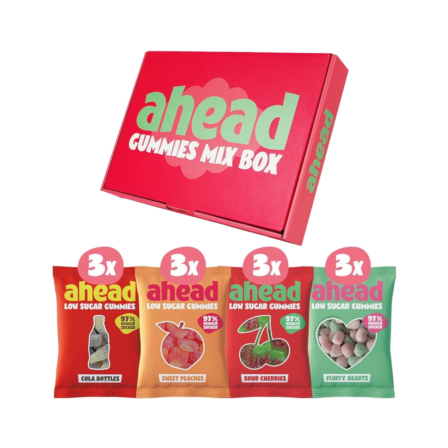 ahead Gummies MixBox featuring cola bottles, sweet peaches, sour cherries, and fluffy hearts in a vibrant box.